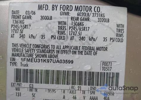 2007 Ford Explorer Sport Trac Xlt z USA, uszkodzony, nr VIN 1FMEU31K97UA03599